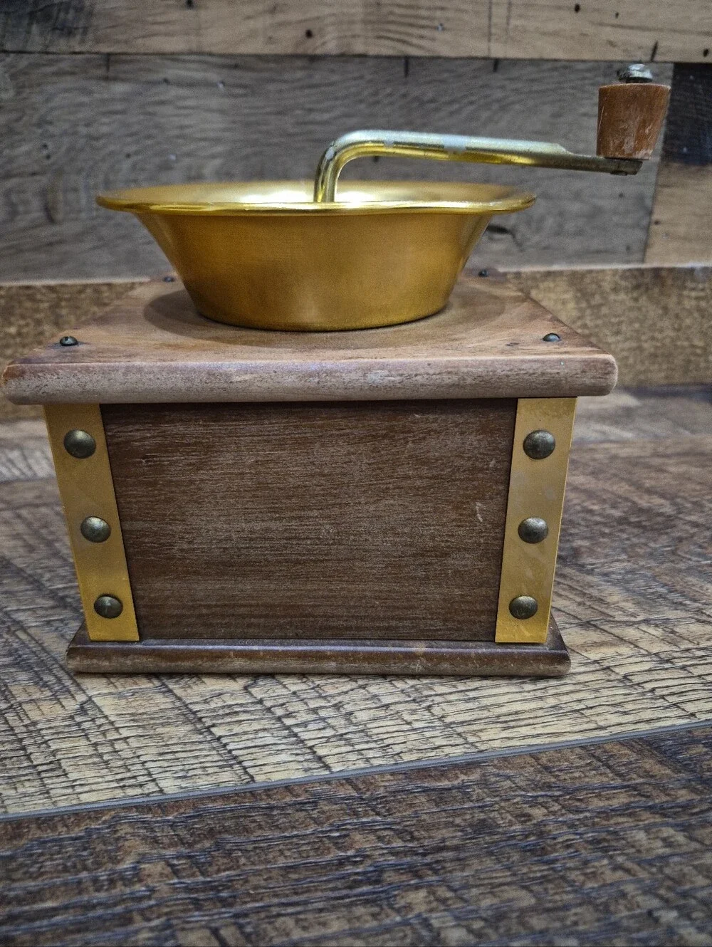 Vintage Old Americana Gold Tone Aluminum & Wood Coffee Grinder Mill Manual Crank